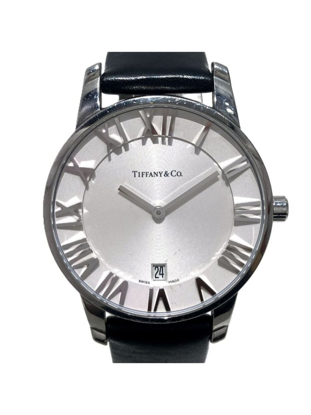 Tiffany & Co Atlas Dome Watch SS Leather Quartz Silver Dial